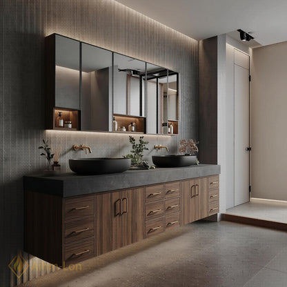 78''-96'' Double Bathroom Vanity with Sink Floating Double Dark Wood Finish Open