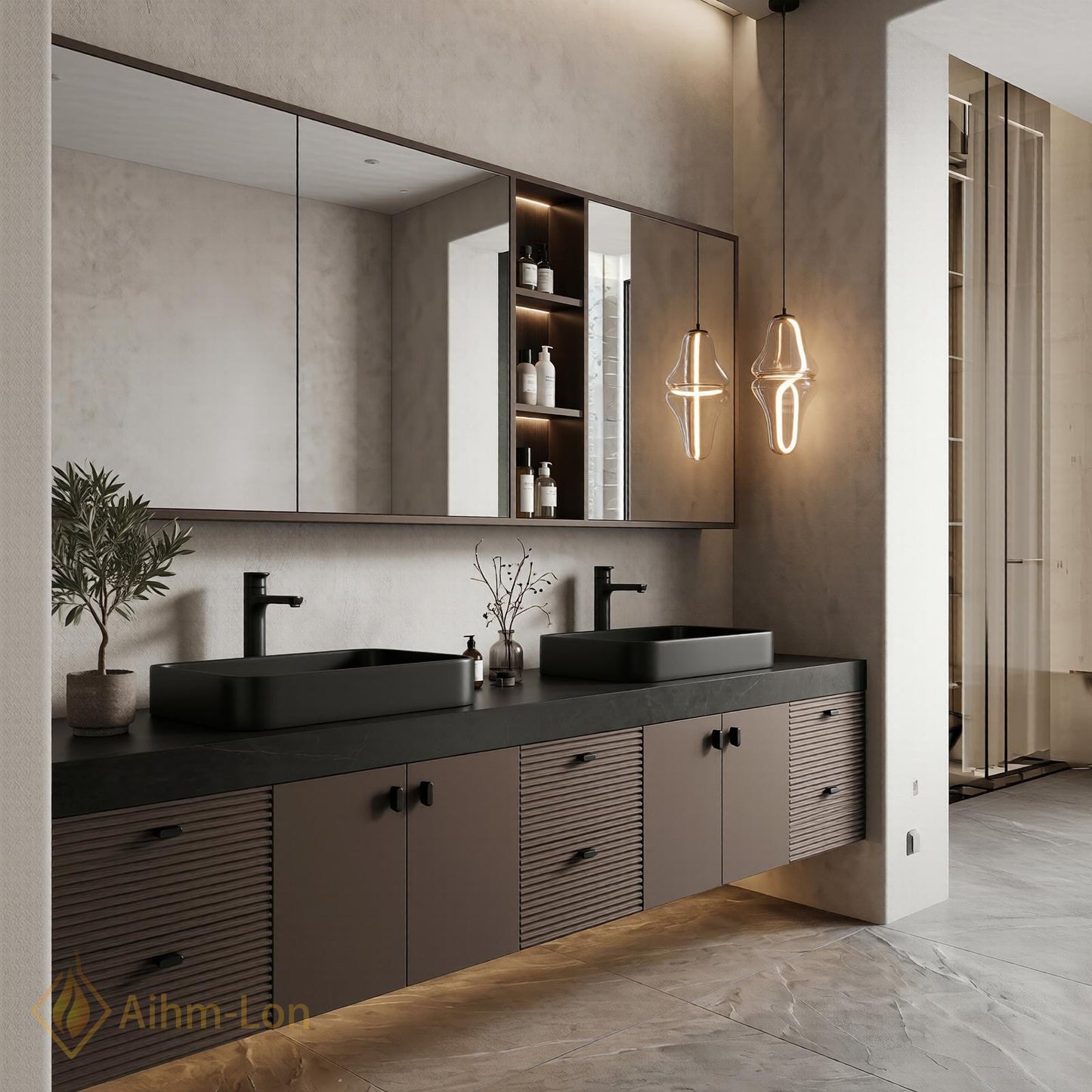 70''-96'' Modern Double Bathroom Vanity with Sink Floating Slatted Front Dark Finish
