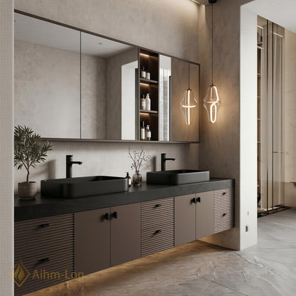 70''-96'' Modern Double Bathroom Vanity with Sink Floating Slatted Front Dark Finish