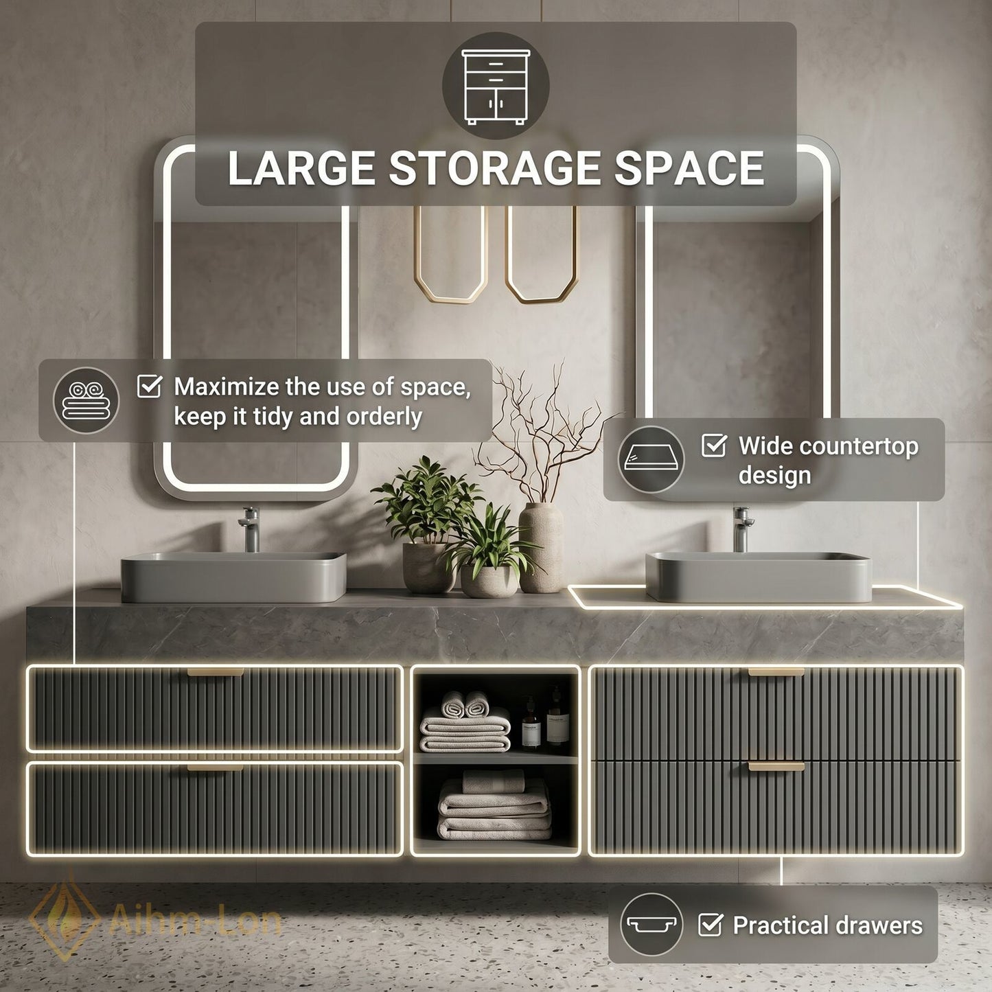 60''-96'' Double Bathroom Vanity with Sink Floating Open-Shelving Basin Gray Stone Slab