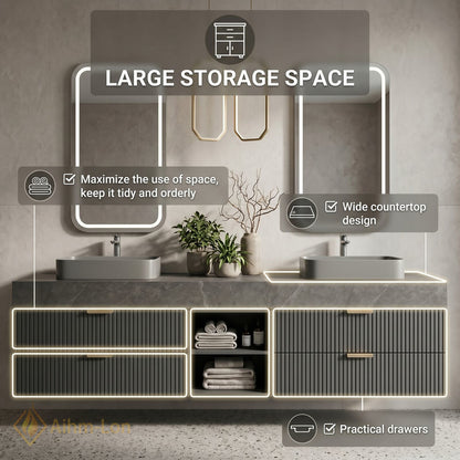 60''-96'' Double Bathroom Vanity with Sink Floating Open-Shelving Basin Gray Stone Slab