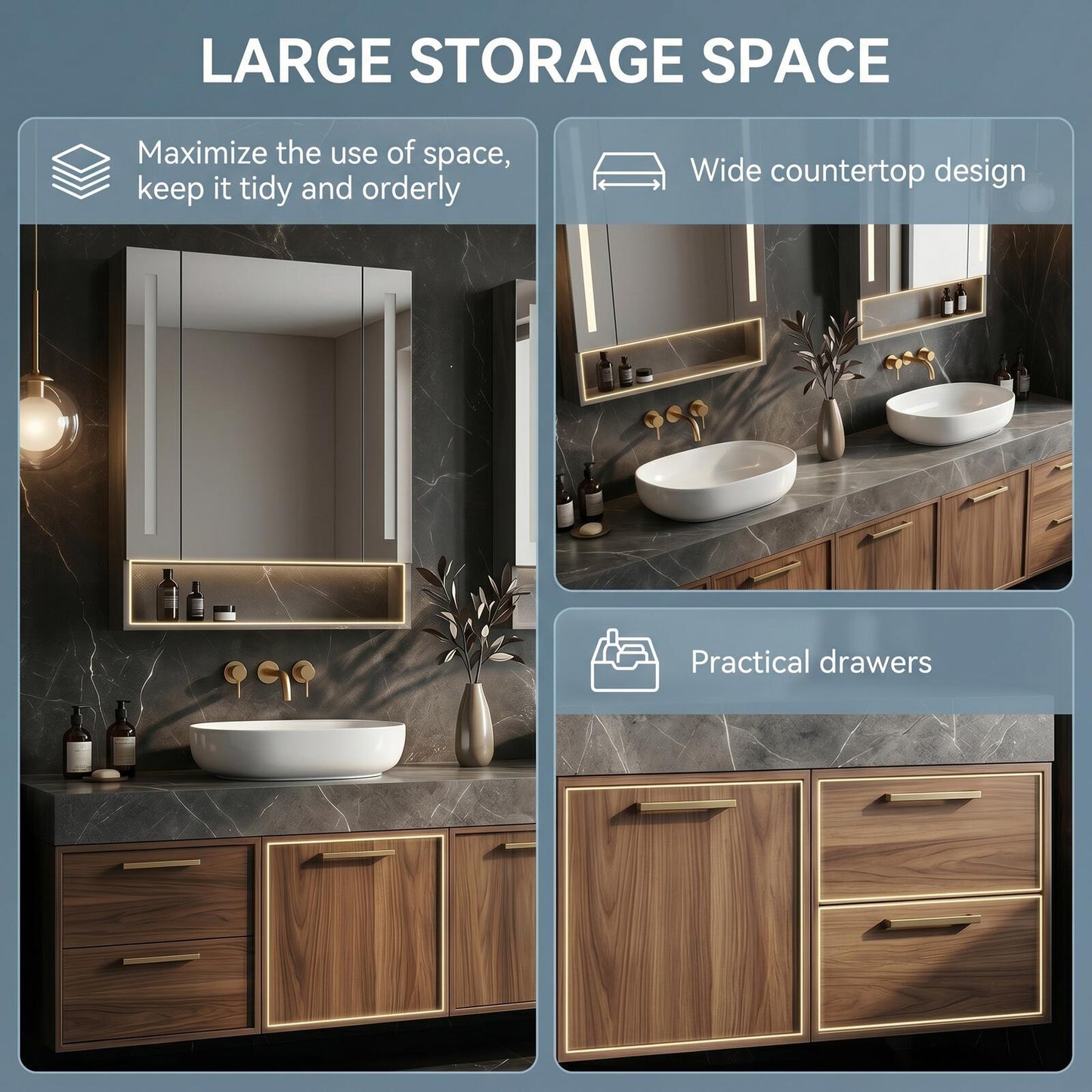 70''-96'' Modern Bathroom Vanity with Sink Double Sink Dark Marble Walnut Finish Mirror Cabinet