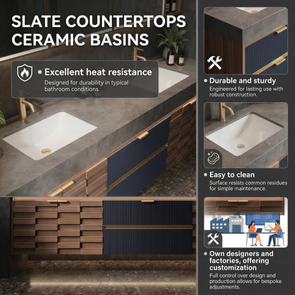 60''-96'' Double Bathroom Vanity with Sink Modern Floating Navy Slats Charcoal Stone Top
