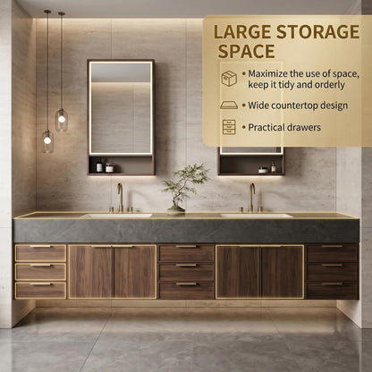70''-96'' Modern Bathroom Vanity with Sink Double Sink Dark Stone Walnut Drawers Cabinet