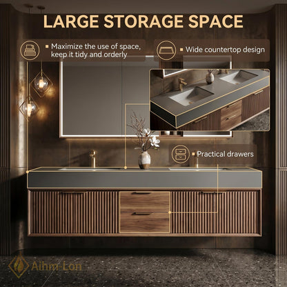 60''-96'' Double Bathroom Vanity with Sink Grey Stone Top Slatted Wood Finish