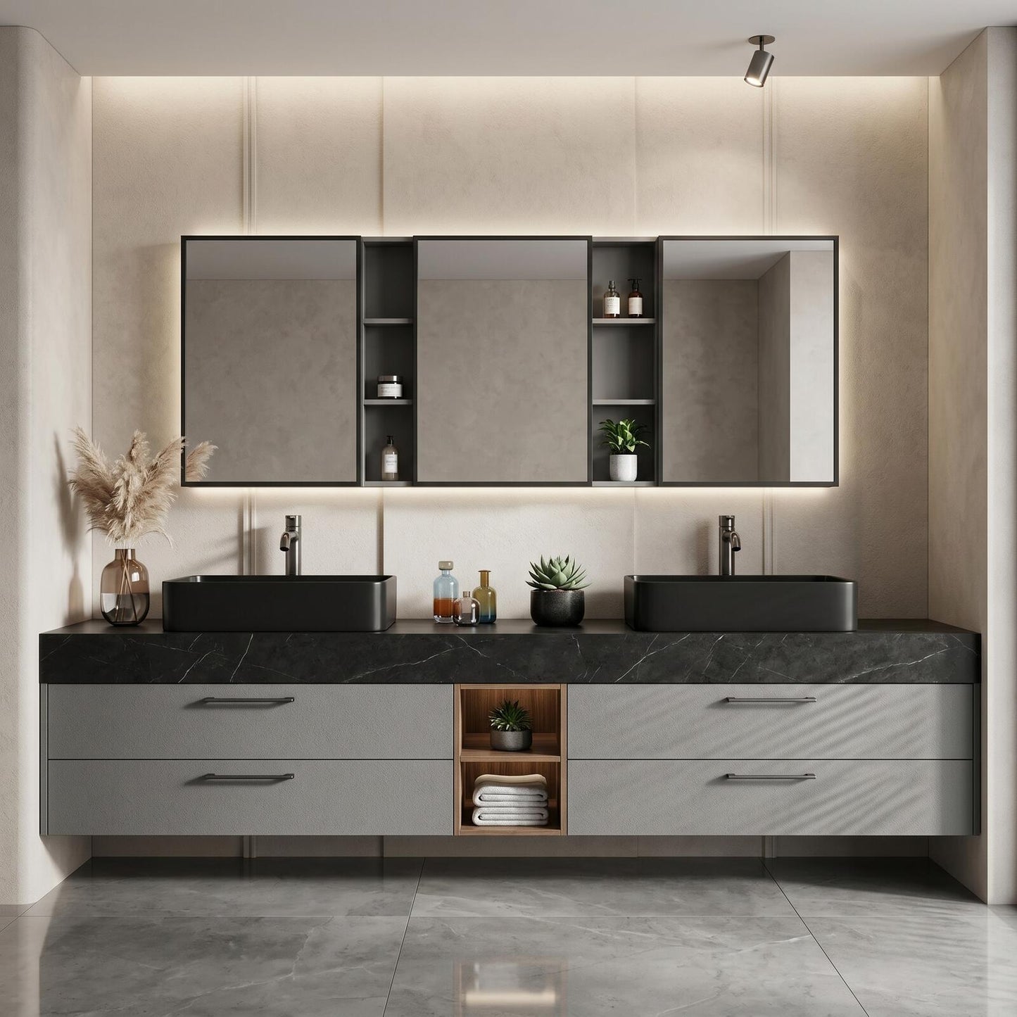 60''-96'' Modern Bathroom Vanity with Sink Floating Grey Cabinet Black Stone Countertop