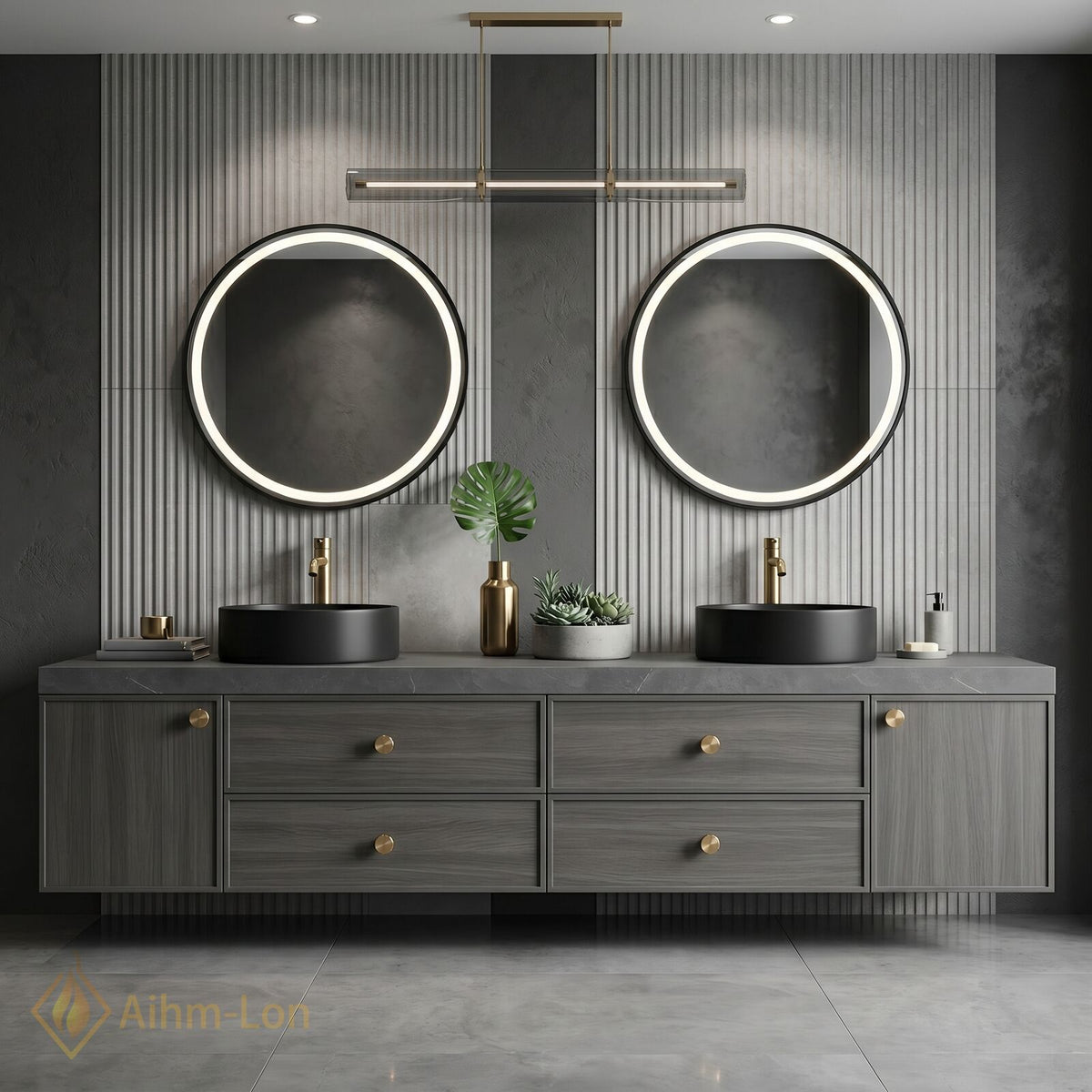 60''-96'' Double Bathroom Vanity with Sink Warm Grey Wood Grain Vertical Slats