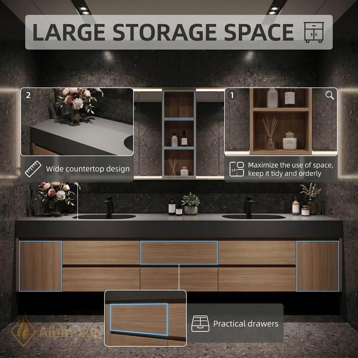 60''-96'' Double Bathroom Vanity with Sink Grey Stone Countertop Spacious Storage
