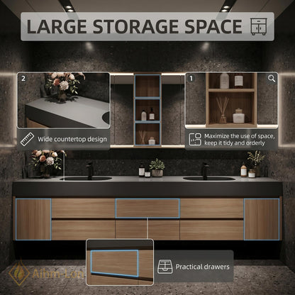 60''-96'' Double Bathroom Vanity with Sink Grey Stone Countertop Spacious Storage
