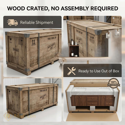 60''-96'' Double Bathroom Vanity with Sink Floating Warm Wood Finish Marble Top