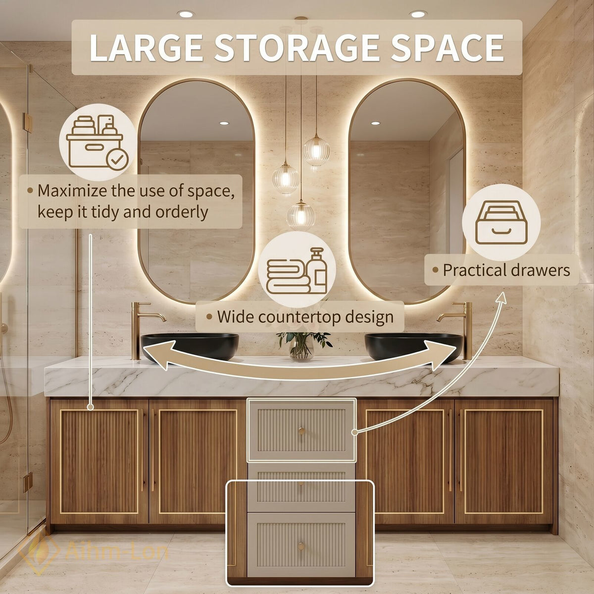 60''-96'' Double Bathroom Vanity with Sink Fluted Wooden Doors White Marble Top