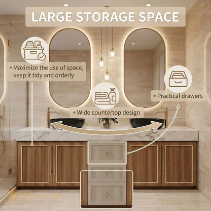 60''-96'' Double Bathroom Vanity with Sink Fluted Wooden Doors White Marble Top