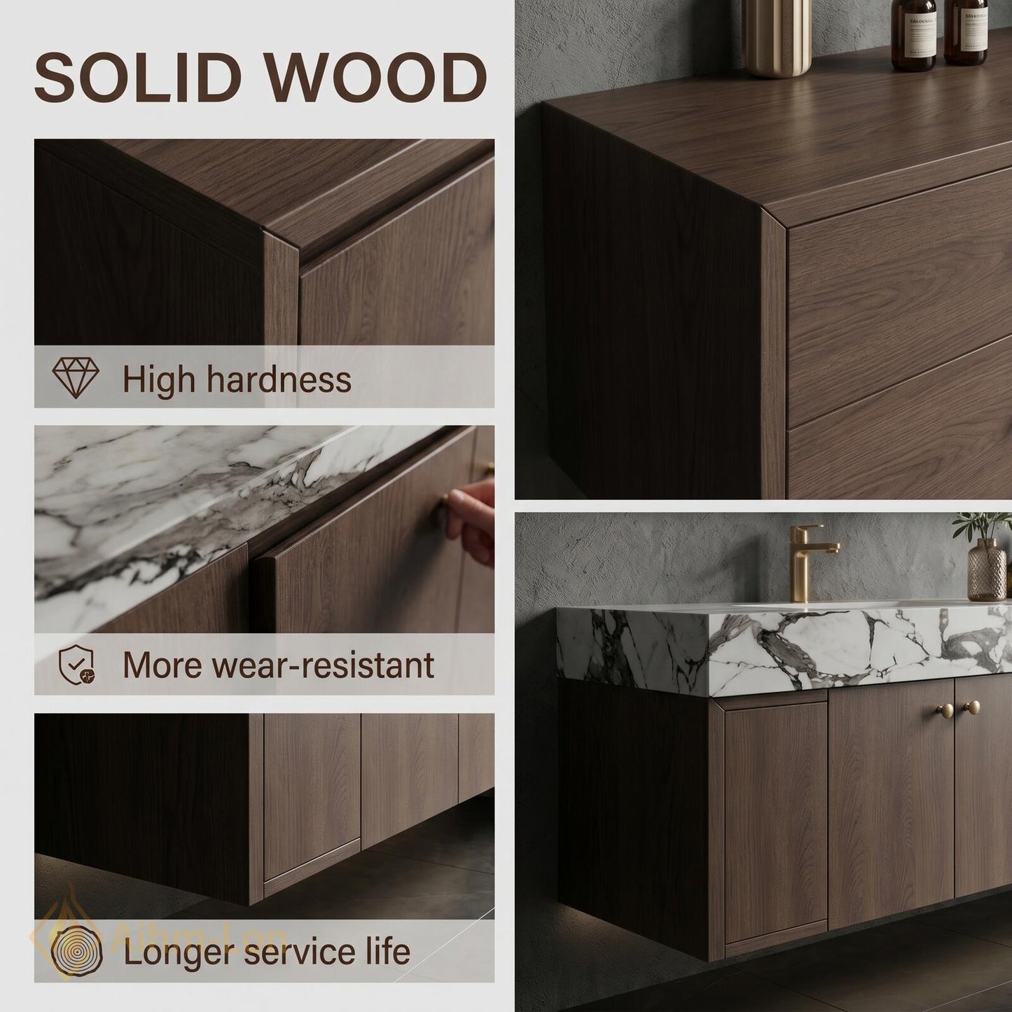 70''-96'' Floating Double Bathroom Vanity with Sink Dark Walnut Slatted Center Panel