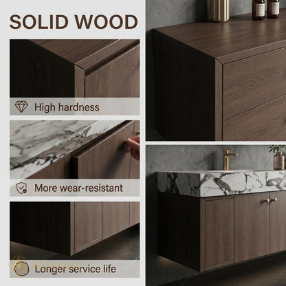 70''-96'' Floating Double Bathroom Vanity with Sink Dark Walnut Slatted Center Panel