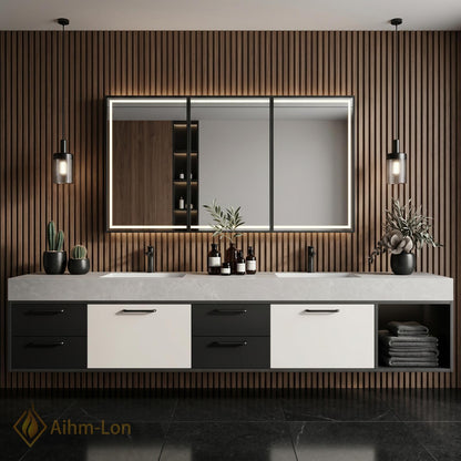 60''-96'' Double Bathroom Vanity with Sink Floating Matte White Finish Open Shelving