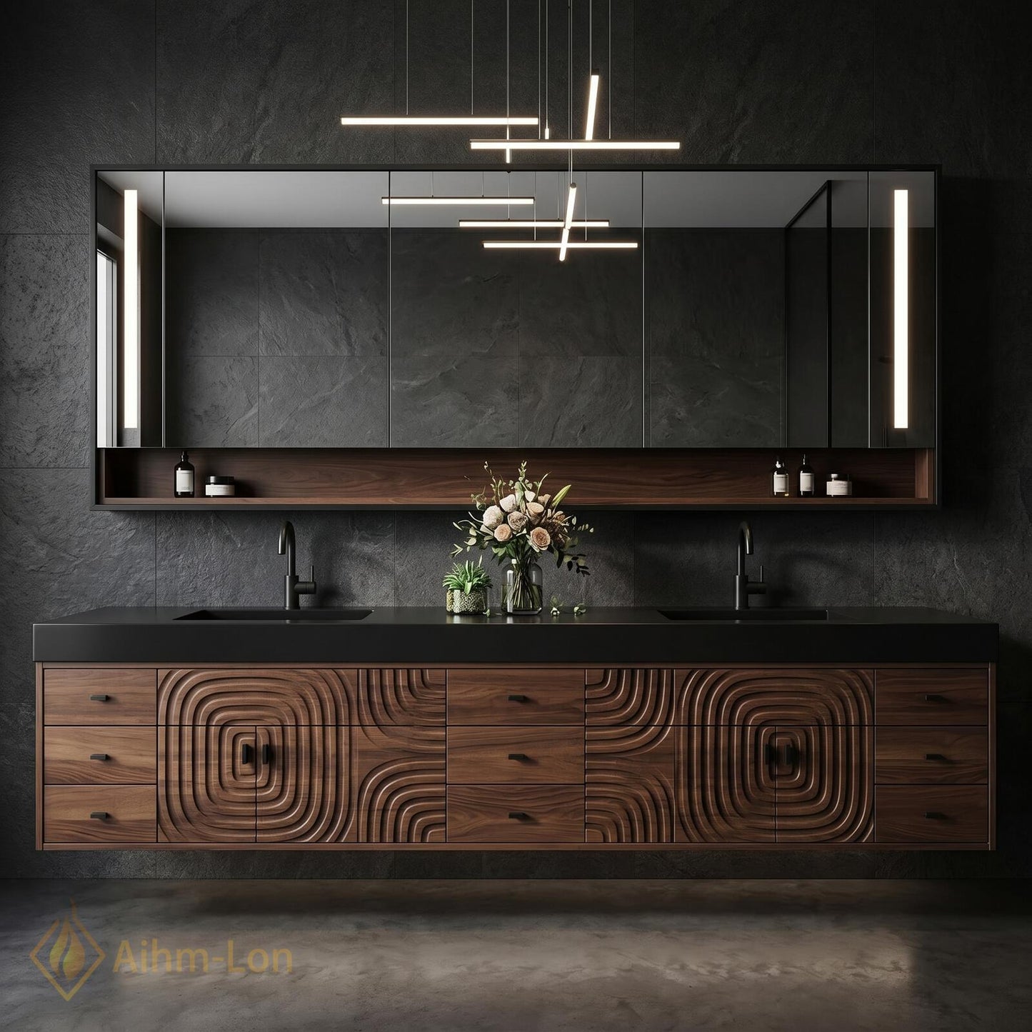78''-96'' Double Bathroom Vanity with Sink Modern Floating Carved Relief Pattern Wood