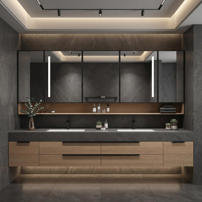 60''-96'' Modern Floating Bathroom Vanity with Sink Long Countertop Warm Oak Drawers