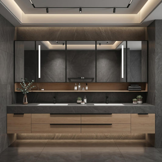 60''-96'' Modern Floating Bathroom Vanity with Sink Long Countertop Warm Oak Drawers