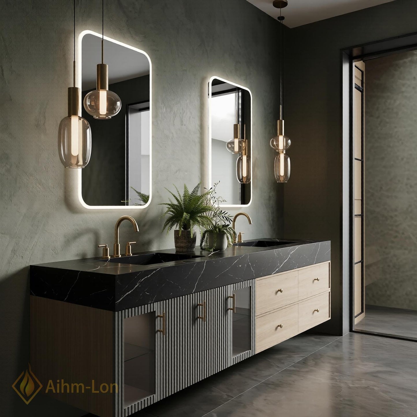 76''-96'' Double Bathroom Vanity with Sink Black Modern Floating Marble-Top Glass