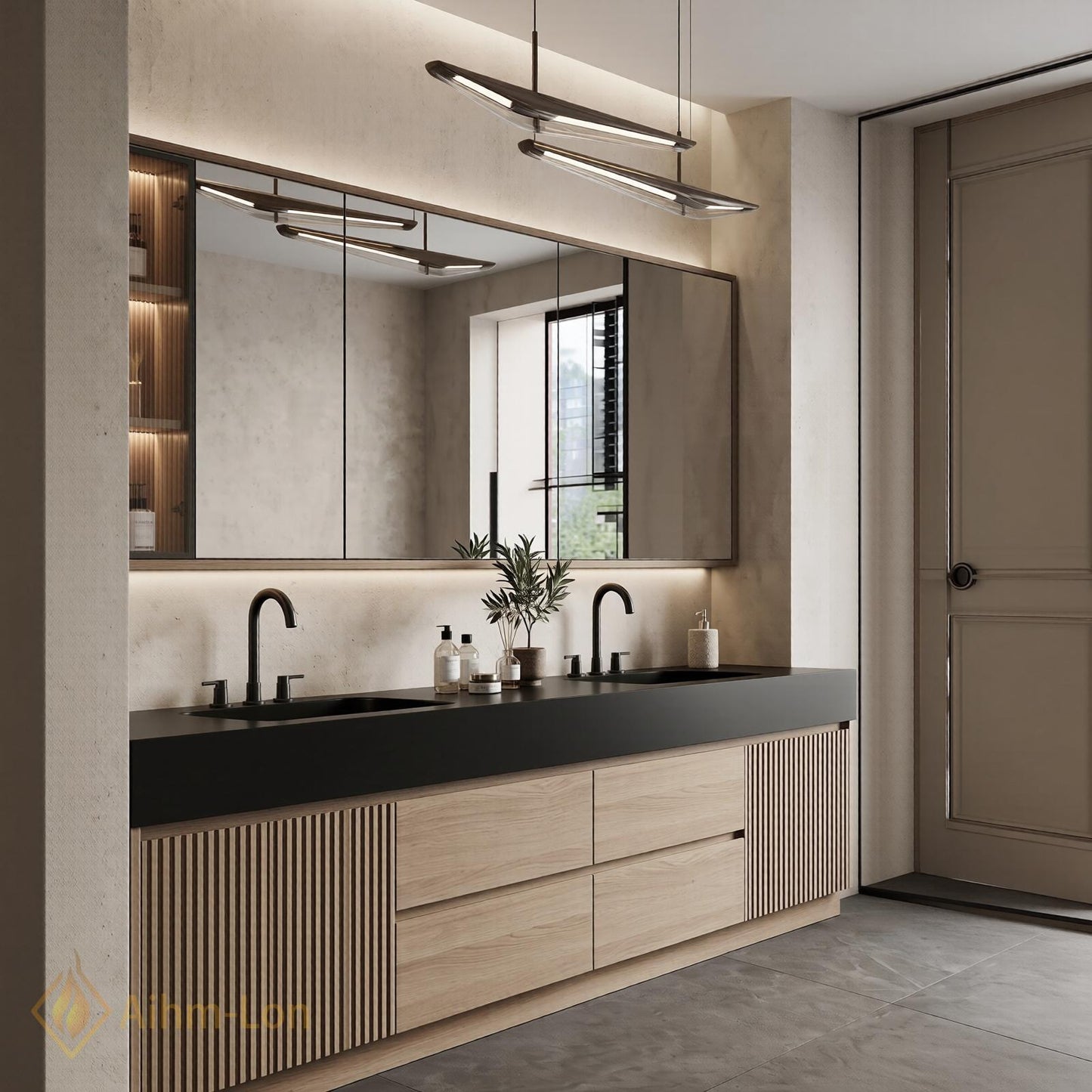 60''-96'' Modern Floating Bathroom Vanity with Sink Black Top Slatted Side Panels