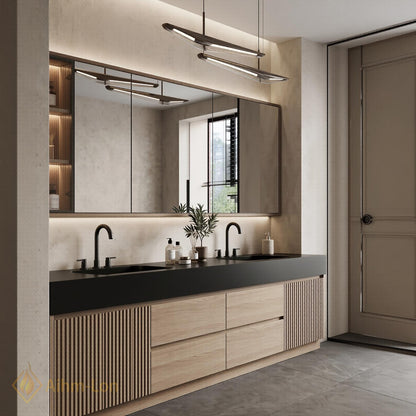 60''-96'' Modern Floating Bathroom Vanity with Sink Black Top Slatted Side Panels