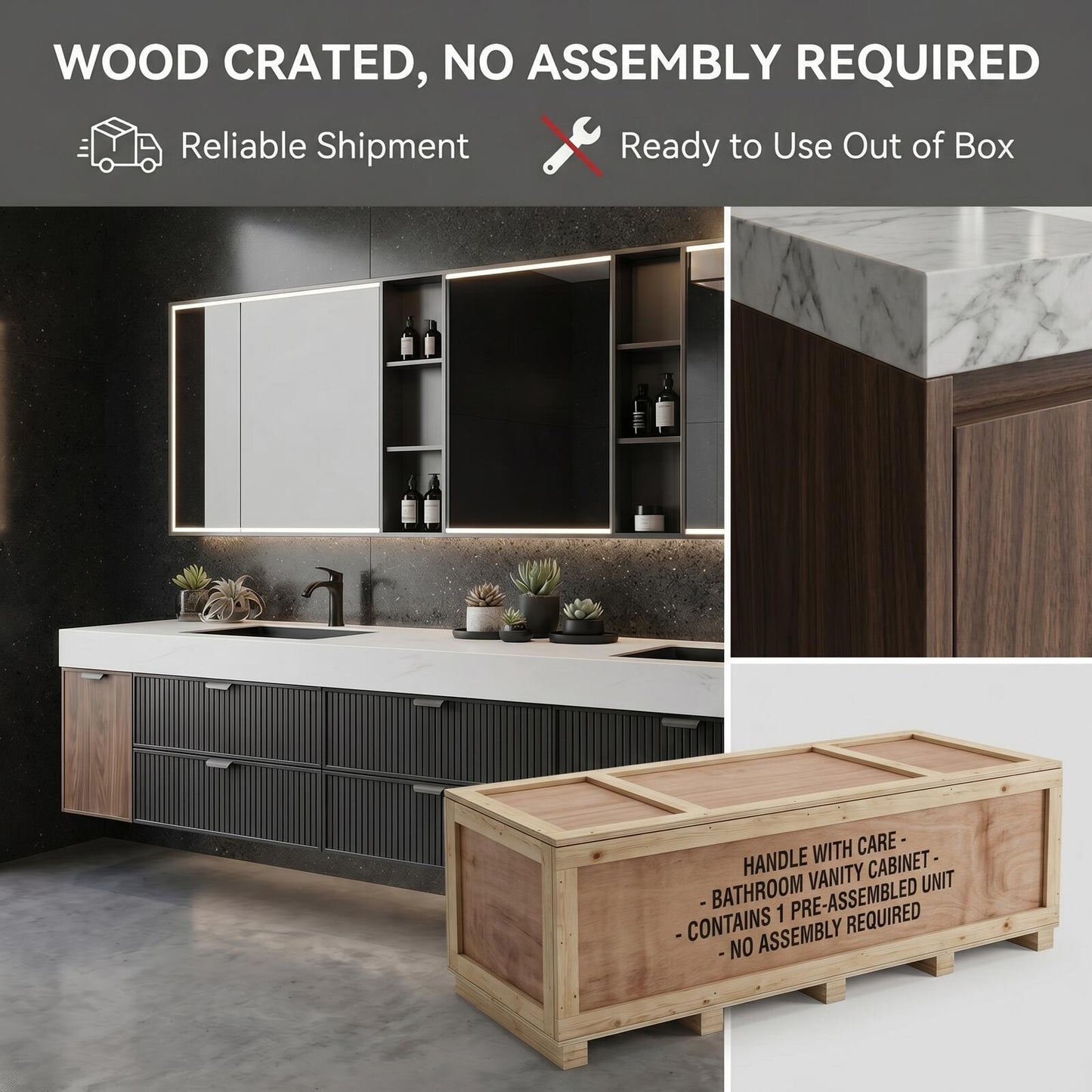 70''-96'' Modern Bathroom Vanity with Sink Floating Ribbed Drawers Wide Top Cabinet