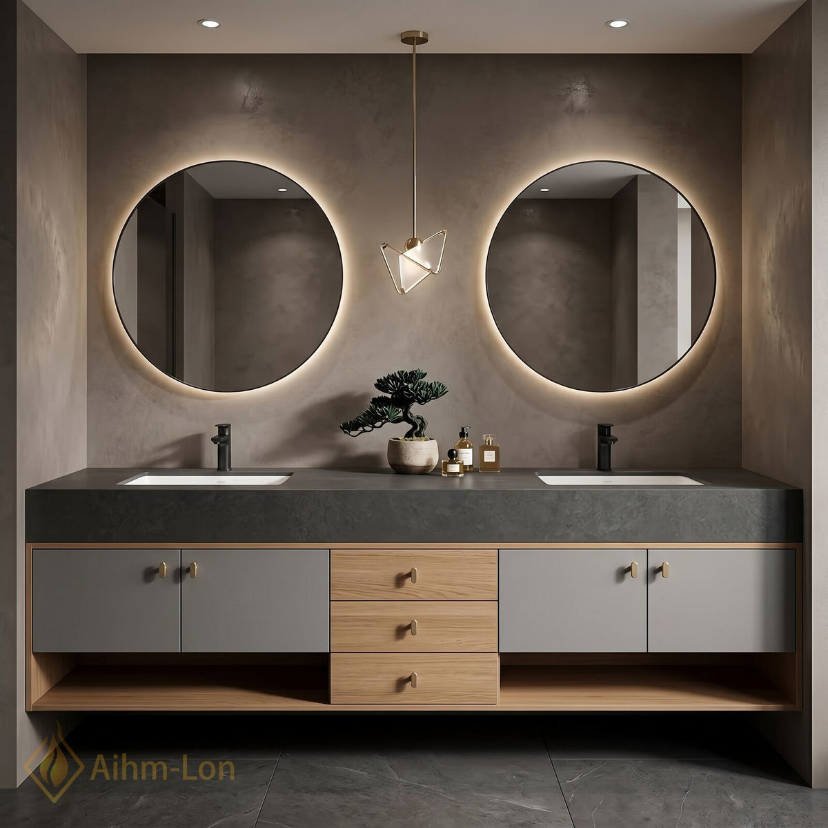 60''-96'' Double Bathroom Vanity with Sink Grey Lacquer Doors Open Shelving Base