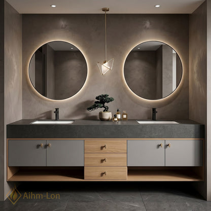 60''-96'' Double Bathroom Vanity with Sink Grey Lacquer Doors Open Shelving Base