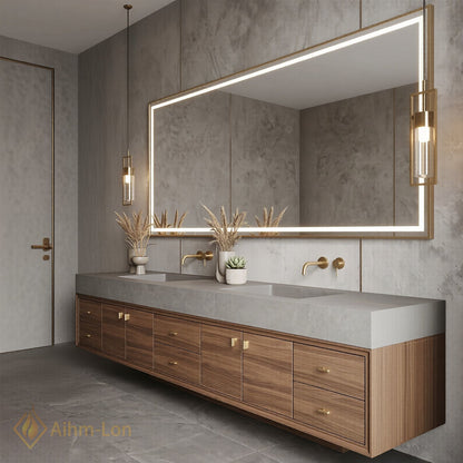 76''-96'' Double Bathroom Vanity with Sink Grey Modern Wood-Grain Sets Concrete Countertop