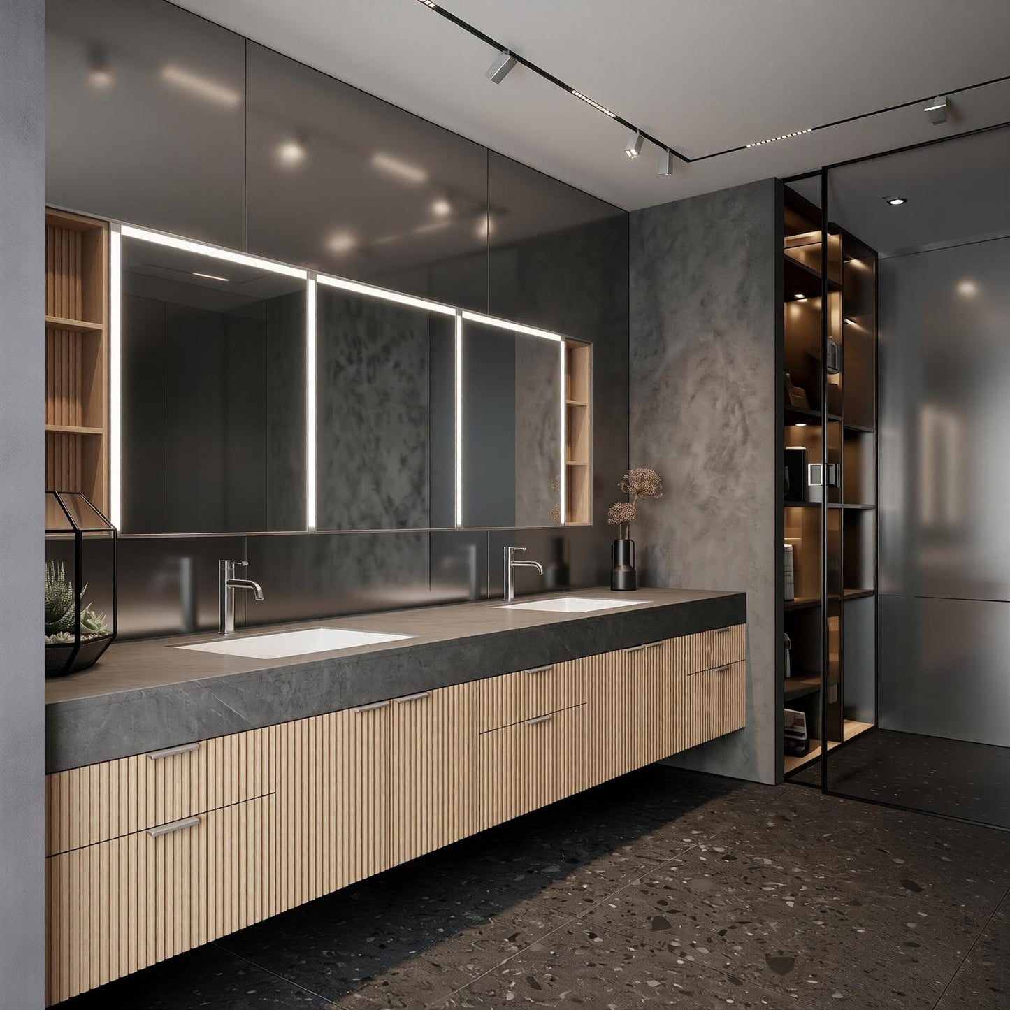 76''-96'' Modern Bathroom Vanity with Sink Double Sink Ribbed Wood Dark Stone Countertop Cabinet