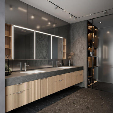 76''-96'' Modern Bathroom Vanity with Sink Double Sink Ribbed Wood Dark Stone Countertop Cabinet