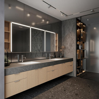 76''-96'' Modern Bathroom Vanity with Sink Double Sink Ribbed Wood Dark Stone Countertop Cabinet