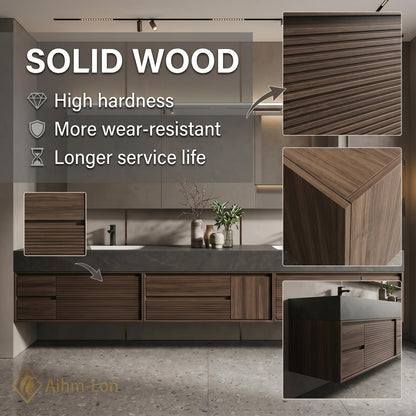 60''-96'' Double Bathroom Vanity with Sink Slatted Drawers Walnut Finish Warm Walnut