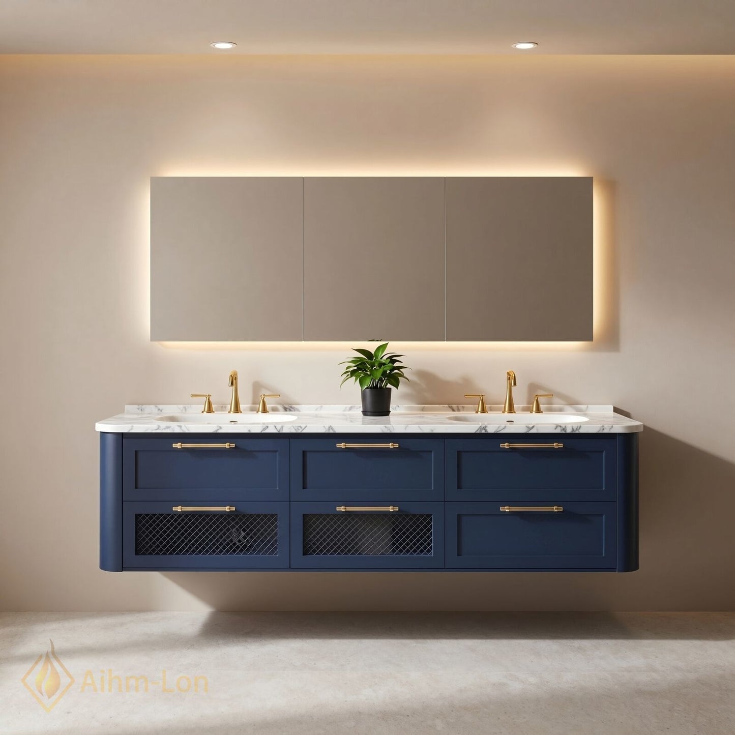 60''-96'' Floating Bathroom Vanity with Sink Deep Blue Marble Patterned Mesh Door Cabinet