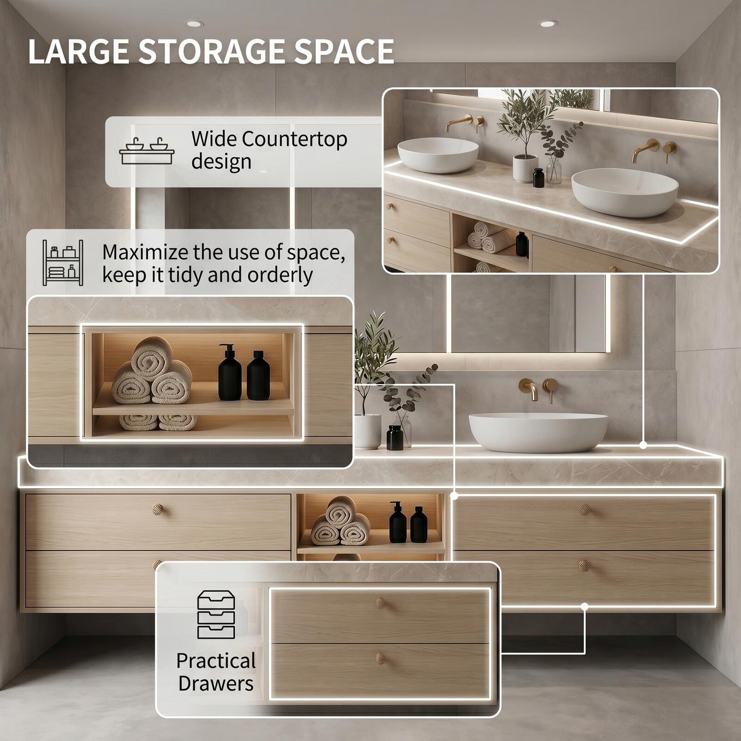 60''-96'' Floating Bathroom Vanity with Sink Double Sink Light Wood Open Shelving Drawers Mirror