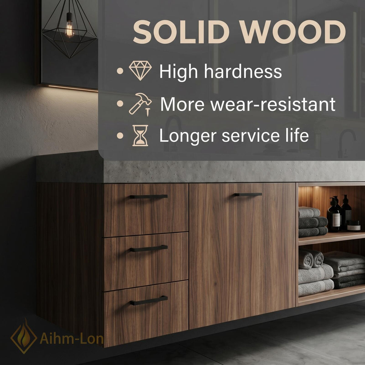 60''-96'' Double Bathroom Vanity with Sink Modern Floating Basin Walnut Finish Slatted