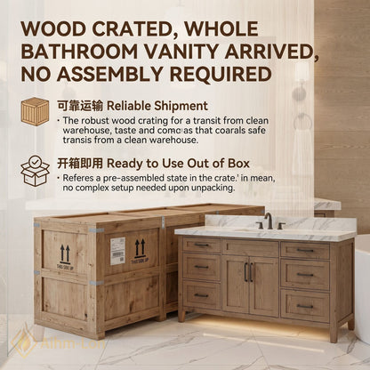 48''-64'' Modern Bathroom Vanity with Sink Marble Wood Grain Black Hardware Drawers