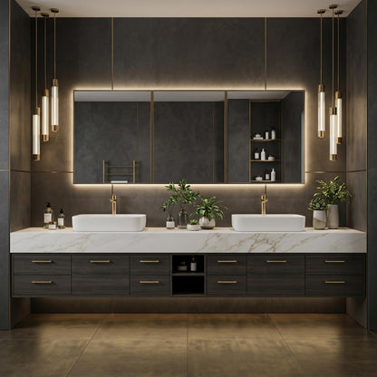 70''-96'' Modern Bathroom Vanity with Sink Double Sink Dark Walnut Slatted Center Panel Cabinet