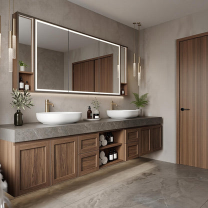 60''-96'' Floating Bathroom Vanity with Sink Double Sink Stone Top Dark Wood Open Shelving