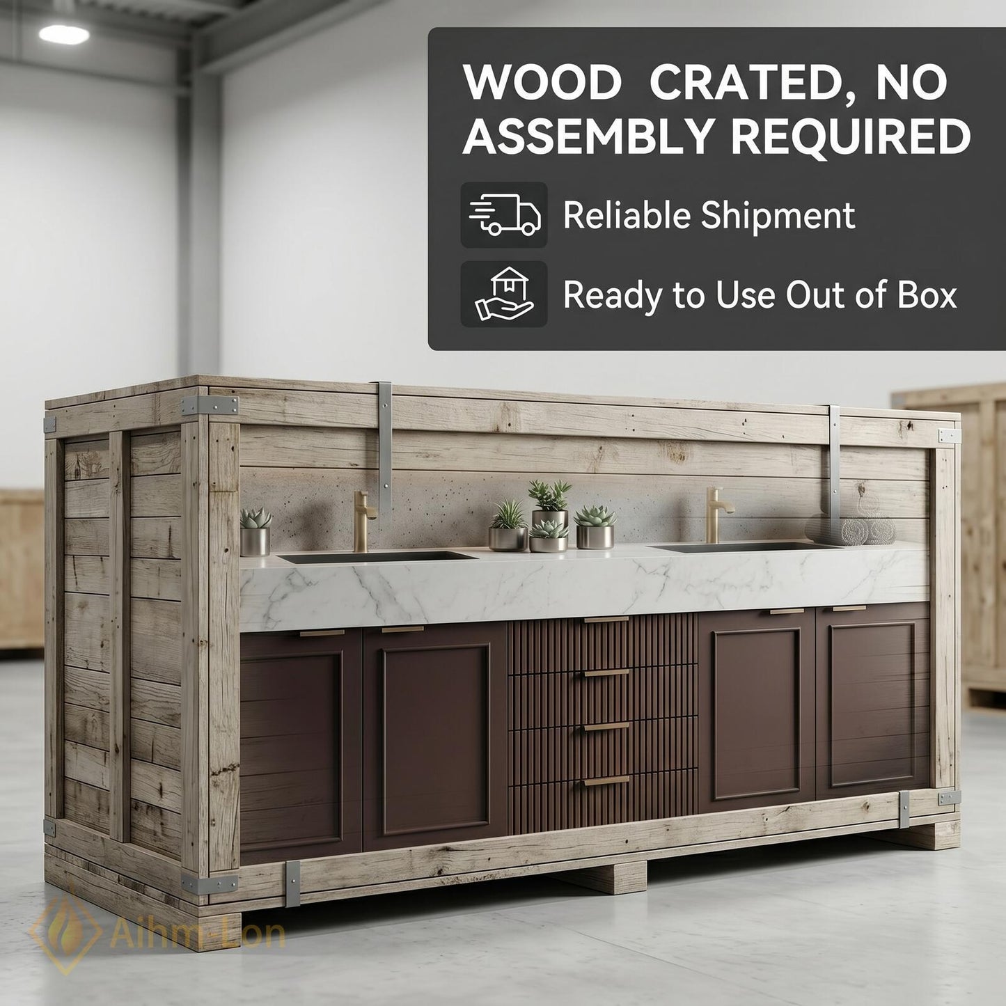 76''-96'' Modern Double Bathroom Vanity with Sink Dark Walnut Slatted Center Panel