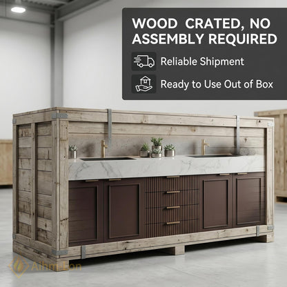 76''-96'' Modern Double Bathroom Vanity with Sink Dark Walnut Slatted Center Panel