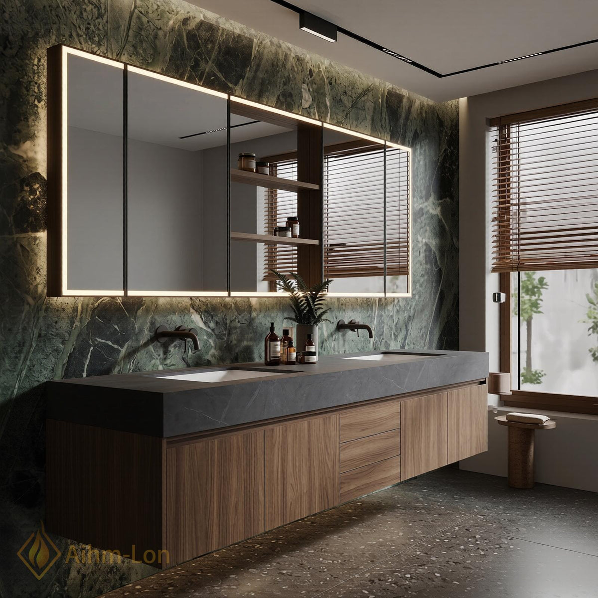 60''-96'' Double Bathroom Vanity with Sink Modern Floating Dark Stone Top Wood