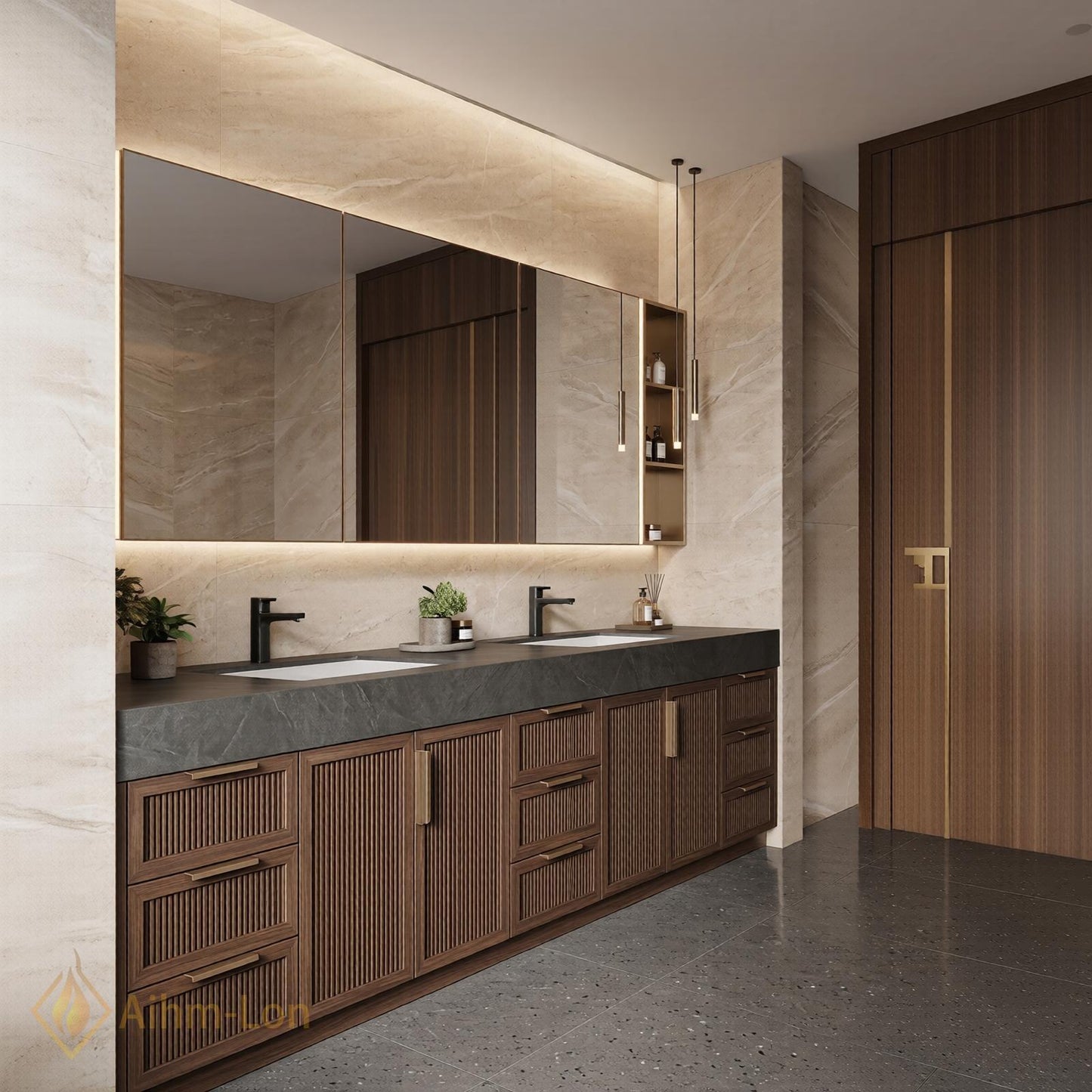 78''-96'' Double Bathroom Vanity with Sink Modern Floating Dark Stone Slatted Doors