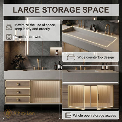 72''-96'' Double Bathroom Vanity with Sink Wood Modern Floating Glass Doors Solid