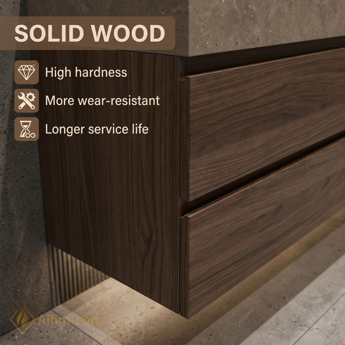 60''-96'' Double Bathroom Vanity with Sink Modern Floating Stone Top Dark Walnut