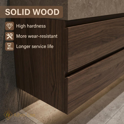 60''-96'' Double Bathroom Vanity with Sink Modern Floating Stone Top Dark Walnut