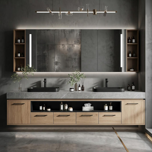 60''-96'' Double Bathroom Vanity with Sink Floating Light Oak Wood Grey Textured Stone
