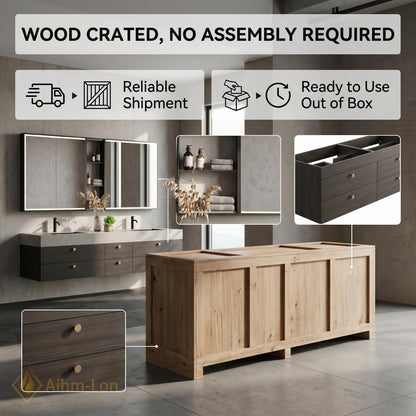 60''-96'' Double Bathroom Vanity with Sink Slatted Center Panel Dark Walnut Finish