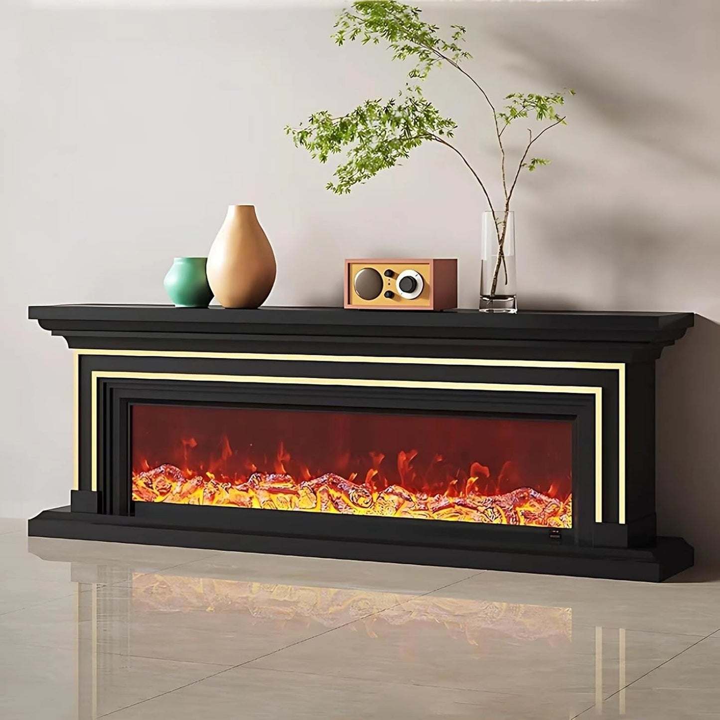 Aihm-Lon Simple Electric Fireplace with Golden line decoration 59”-95”