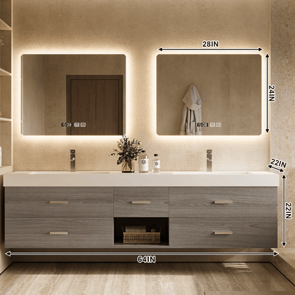 56"- 78"Floating Bathroom Vanity Includes Five Brown Wood Design Drawer